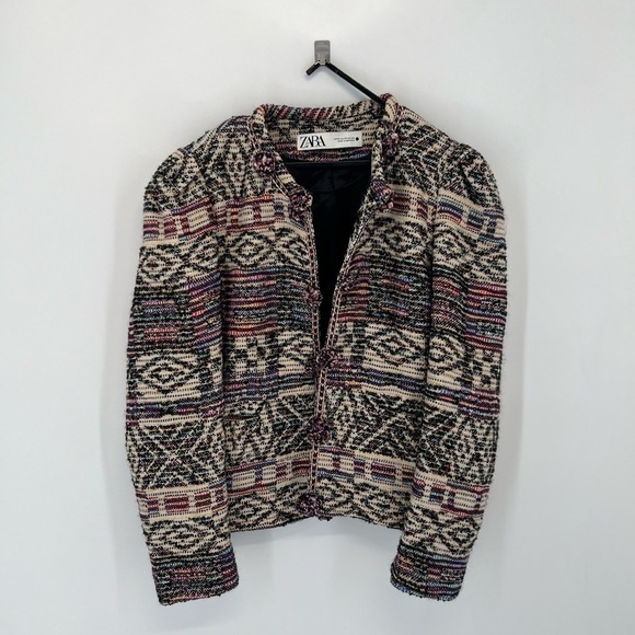 Zara Jacquard Tweed Tribal Aztec Ethic Printed Vtg Inspired Wool Blend Jacket - Picture 2 of 10